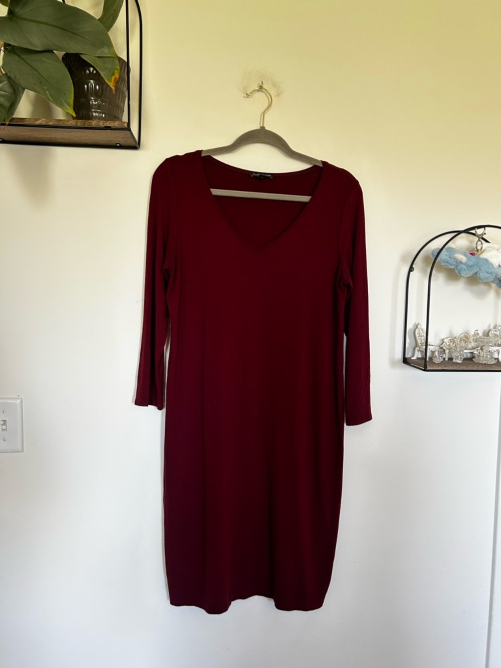 Eileen Fisher Burgundy Long Sleeve V Neck Knee Length Dress Size Small